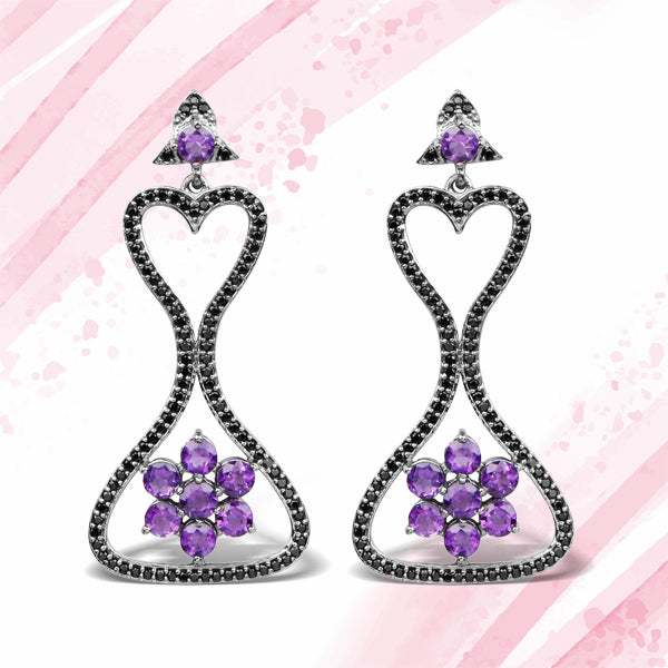 6.31 Carat Genuine Amethyst &amp; Black Spinel .925 Sterling Silver Earrings