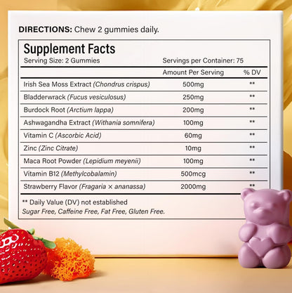 Sea Moss Gummies | Strawberry Flavor Vegan Gummies | Extra Rich 9-in-1 Formulation with Irish Sea Moss, Elderberry, Bladderwrack, Burdock, Ashwagandha, Maca, Zinc, B12 | Energy &amp; Immune Support by FreshDrinkUS - Natural and Premium Herbal Tea