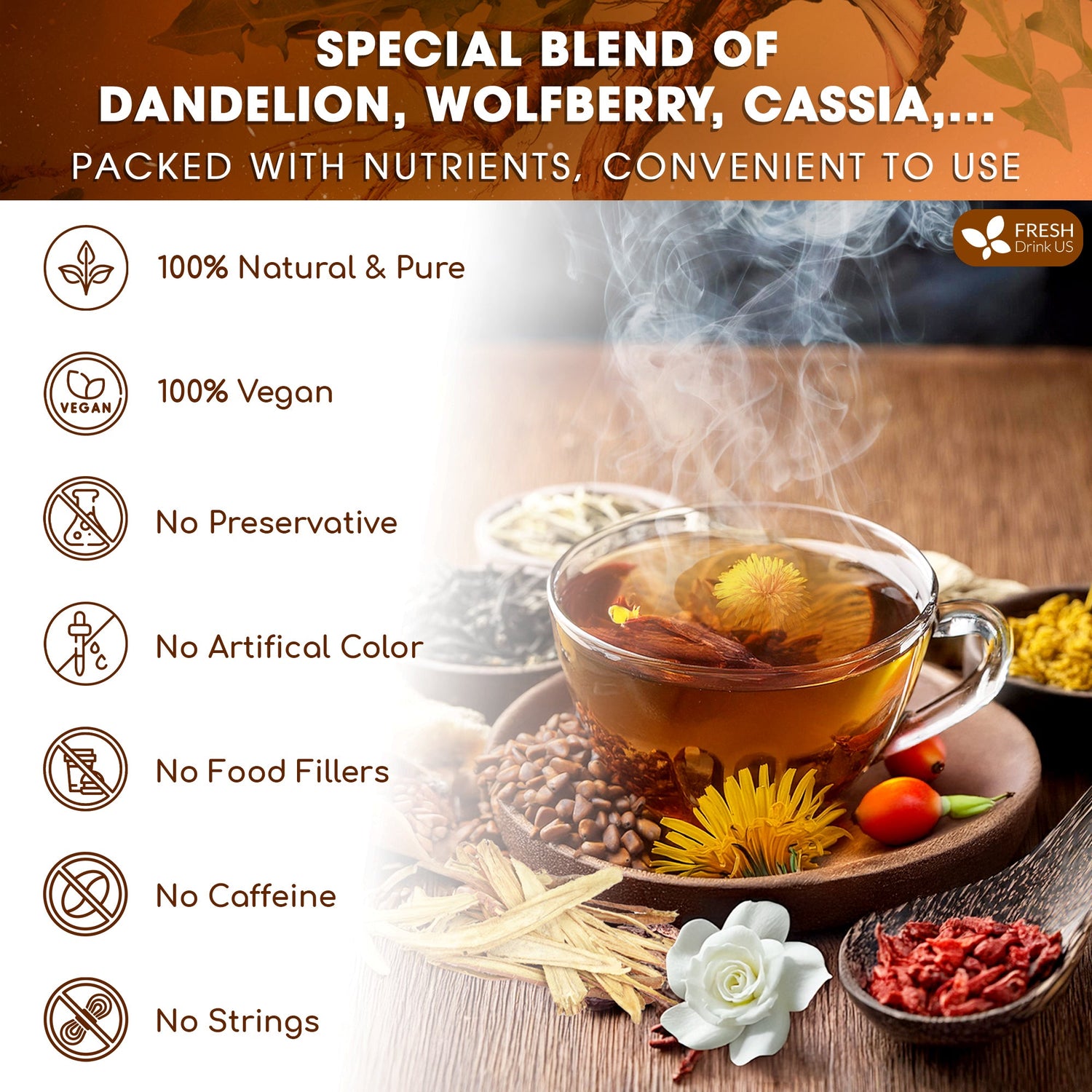 Dandelion Wolfberry Tea, 7 Herbal Ingredients by FreshDrinkUS - Natural and Premium Herbal Tea