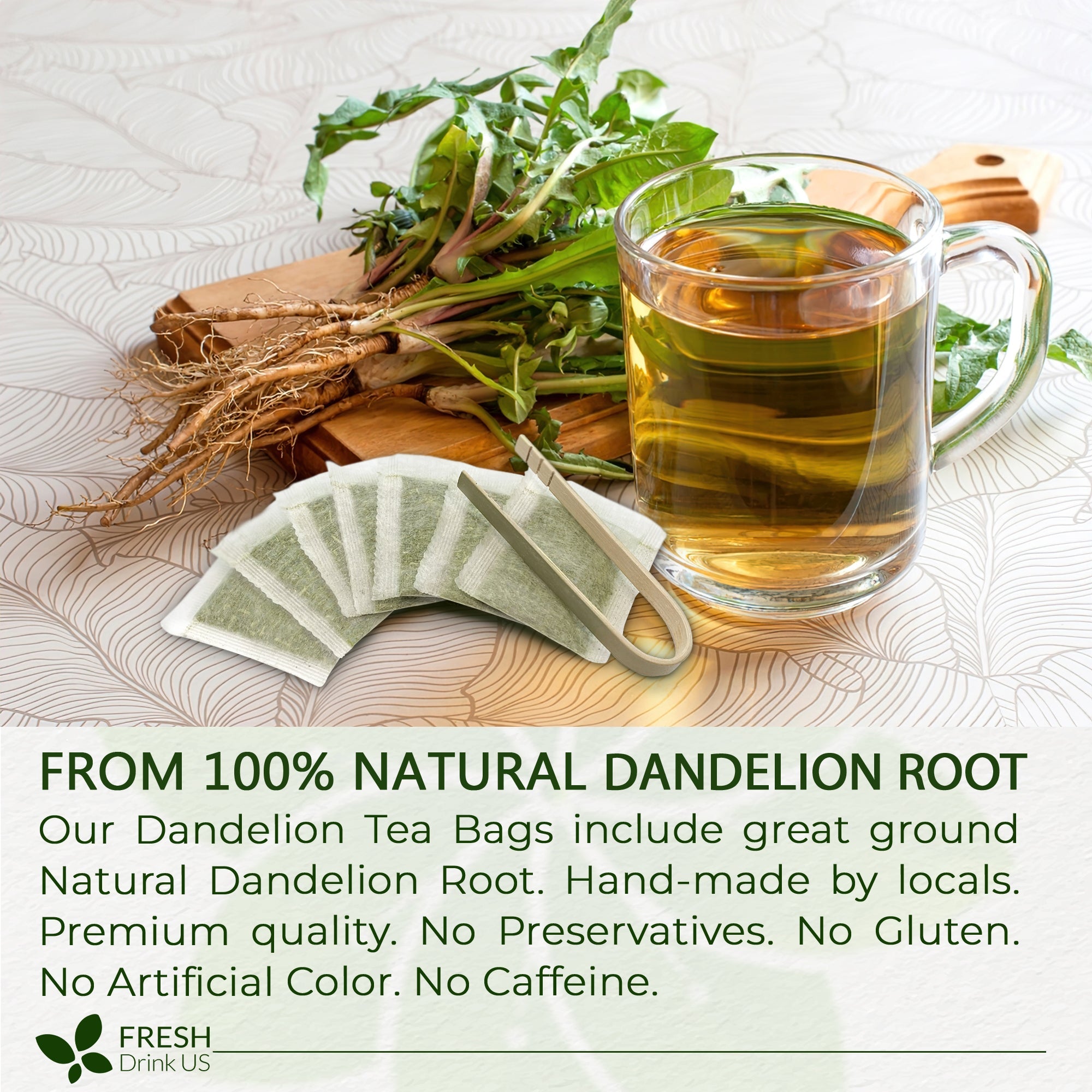 Dandelion Root Tea Bags, 100% Natural &amp; Pure from Dandelion Root, Eco-Conscious Tea Bags, Dandelion Root Herbal Tea. Dandelion Root Tea. No Sugar, No Caffeine, No Gluten, Vegan. by FreshDrinkUS - Natural and Premium Herbal Tea