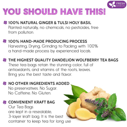 Premium Ginger Tulsi Tea Bags | Hand-made Blend of Ginger and Tulsi Holy Basil Leaves by FreshDrinkUS - Natural and Premium Herbal Tea