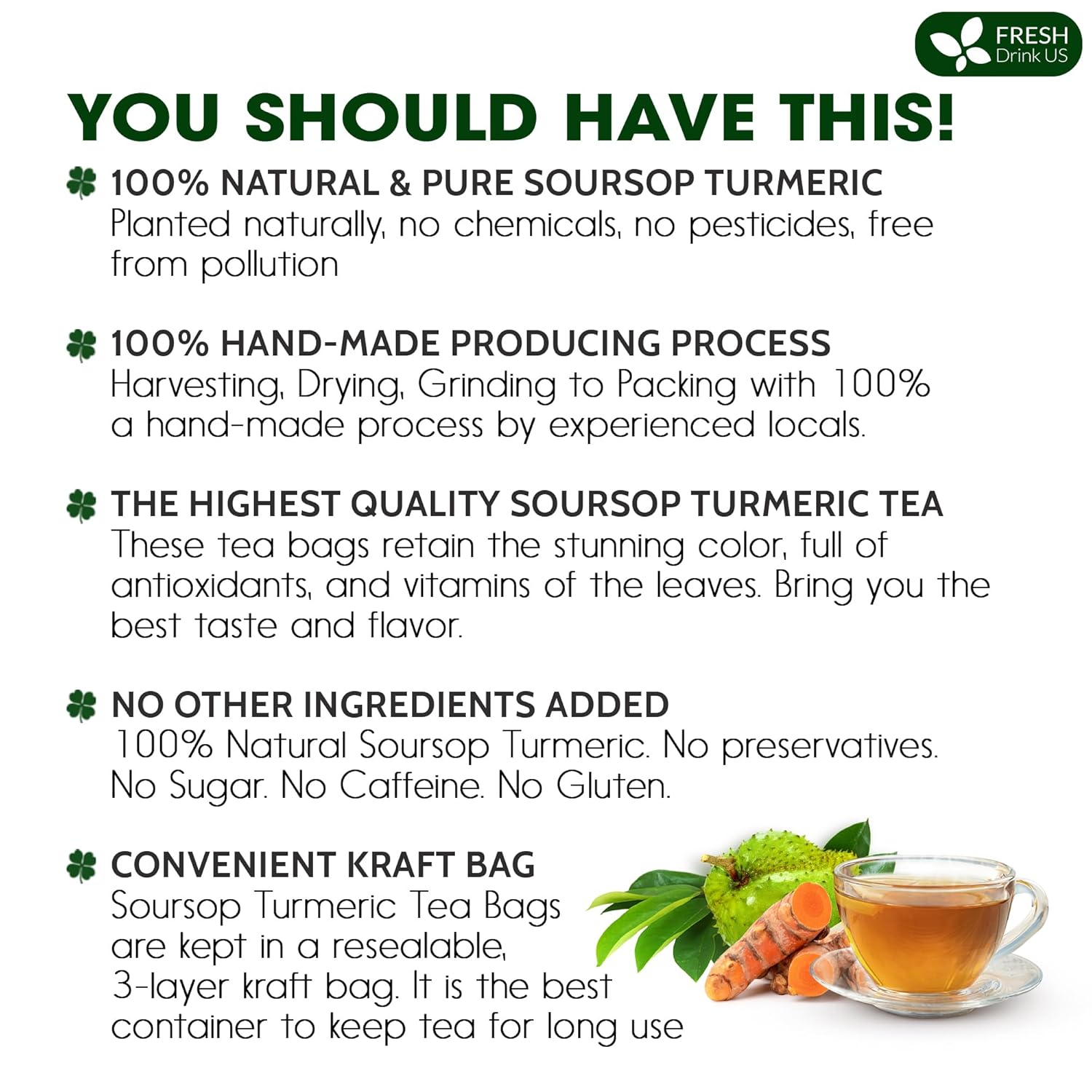 Premium Soursop Turmeric Tea Bags | Blend of Soursop Leaves, and Turmeric Root by FreshDrinkUS - Natural and Premium Herbal Tea