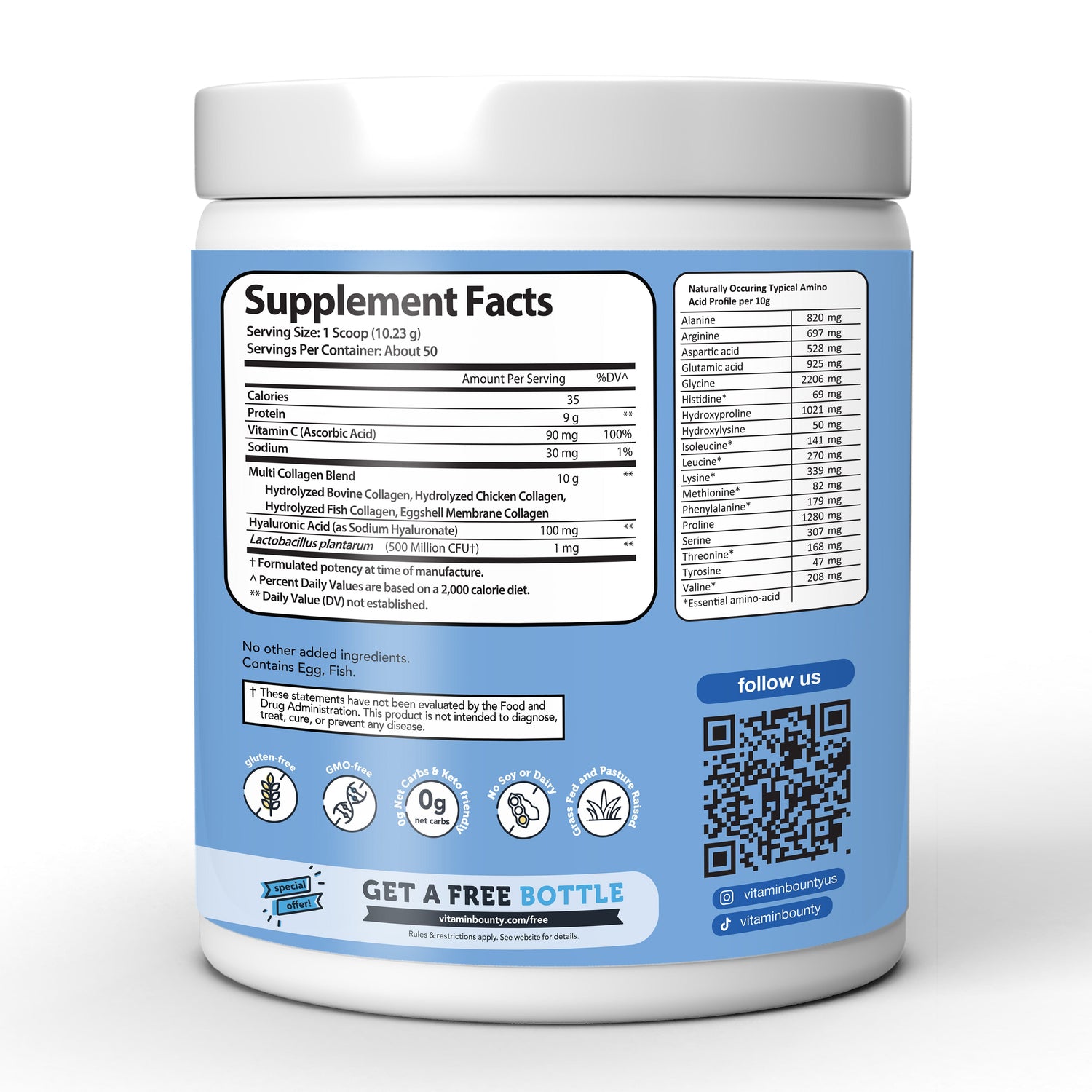 Colágeno Hidrolizado 5 en 1 con Ácido Hialurónico, Vitamina C y Probióticos by Vitamin Bounty