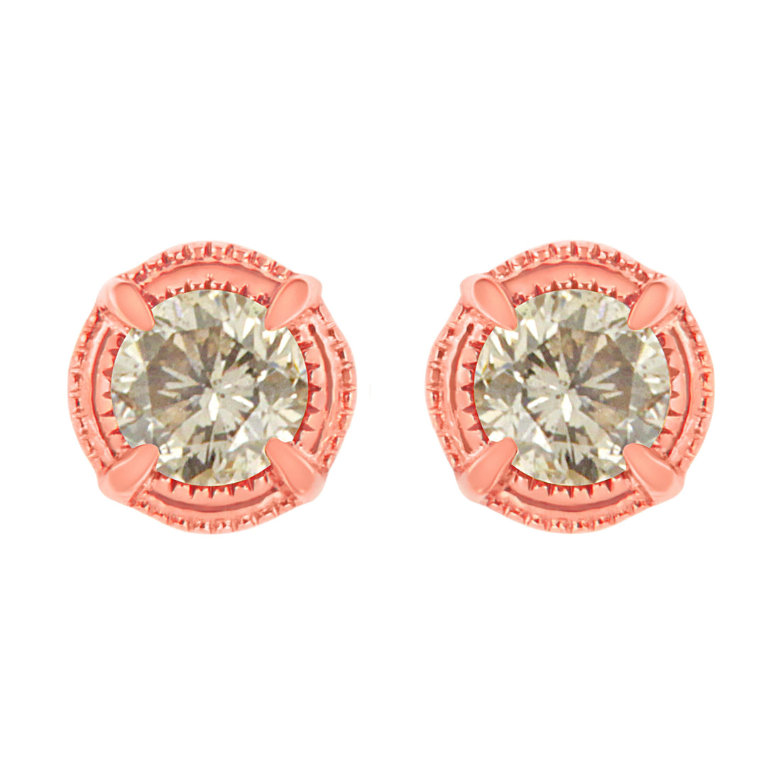 14K Yellow Gold Plated .925 Sterling Silver 1.0 Cttw Round Brilliant Cut Diamond Solitaire Milgrain Stud Earrings (K-L Color, I2-I3 Clarity)