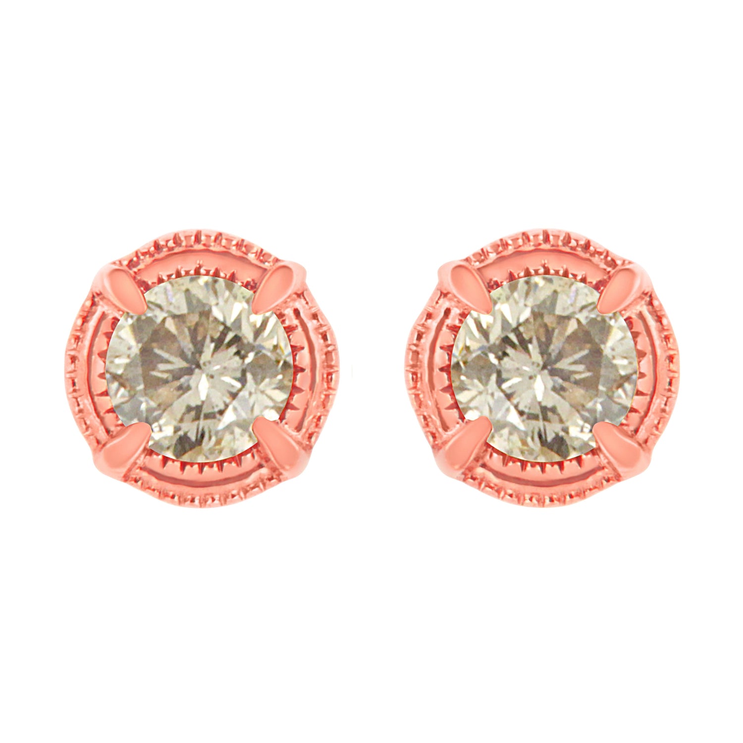14K Yellow Gold Plated .925 Sterling Silver 1.0 Cttw Round Brilliant Cut Diamond Solitaire Milgrain Stud Earrings (K-L Color, I2-I3 Clarity)