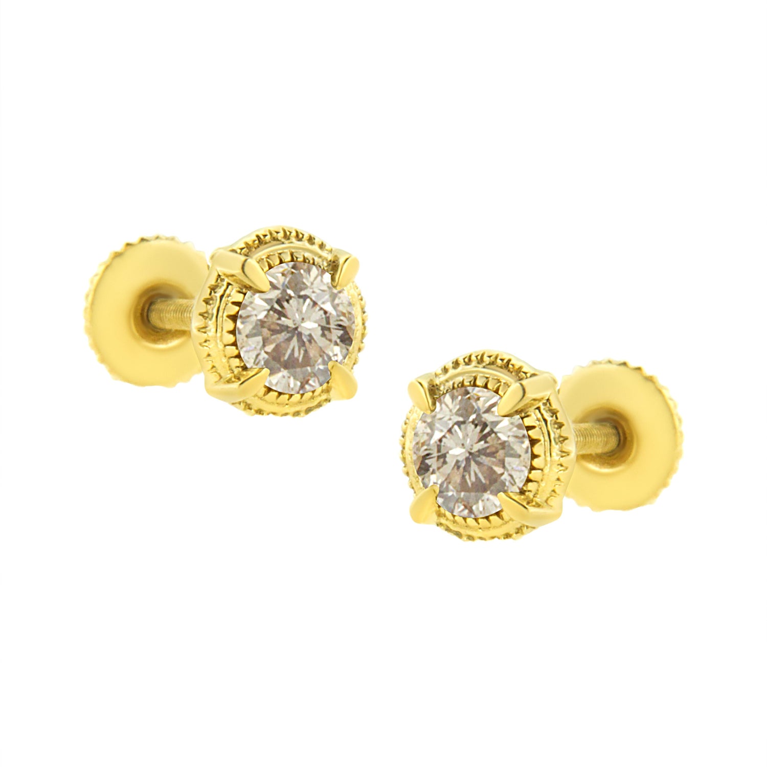 14K Yellow Gold Plated .925 Sterling Silver 1.0 Cttw Round Brilliant Cut Diamond Solitaire Milgrain Stud Earrings (K-L Color, I2-I3 Clarity)