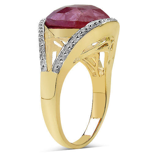 14K Yellow Gold Plated 9.29 Carat Genuine Pink Sapphire &amp; White Diamond .925 Sterling Silver Ring