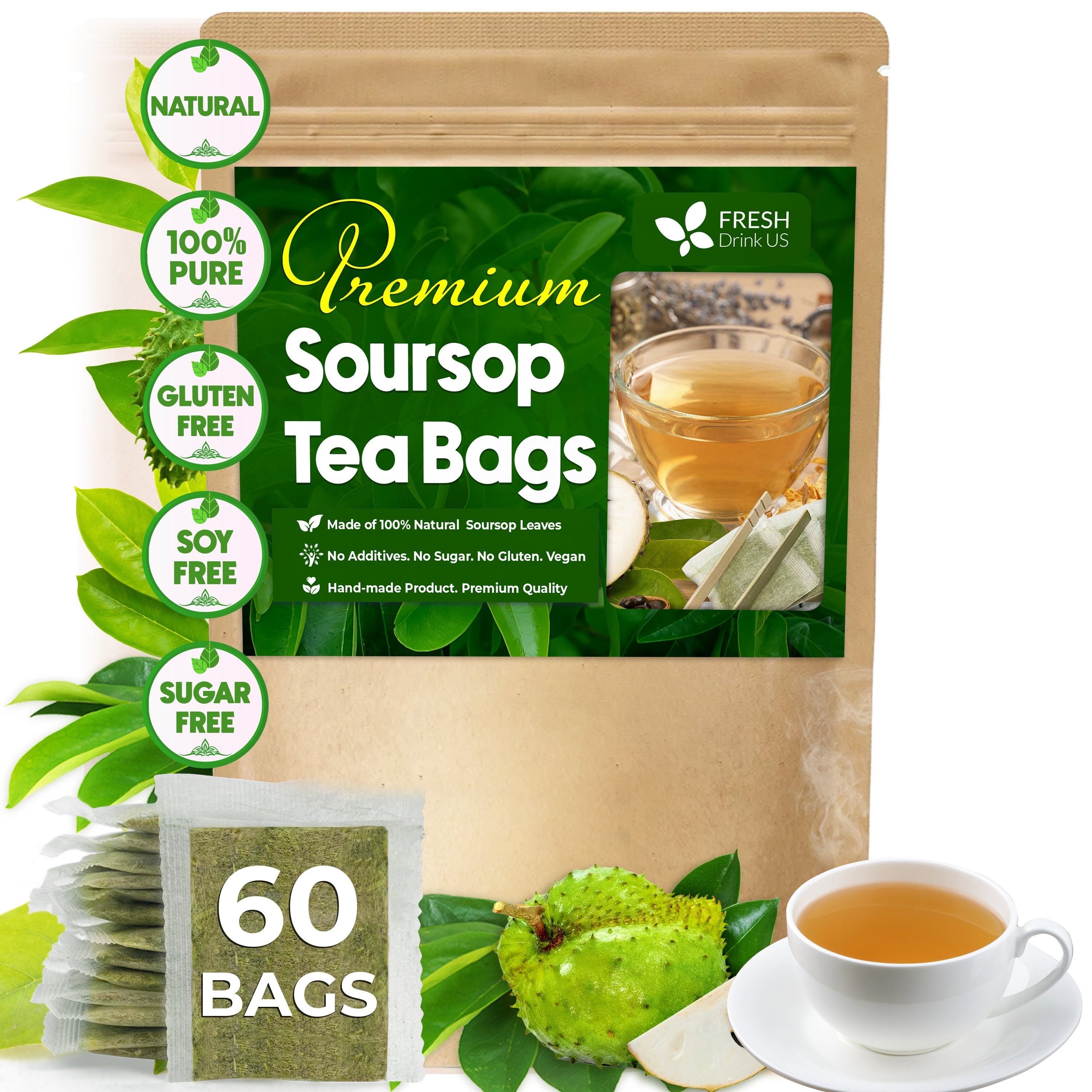 Premium Soursop Leaves Tea bags, Dried Soursop Leaves, Soursop Leaf Powder, Guanabana Leaves Tea, Hoja Guanabana Tea by FreshDrinkUS - Natural and Premium Herbal Tea