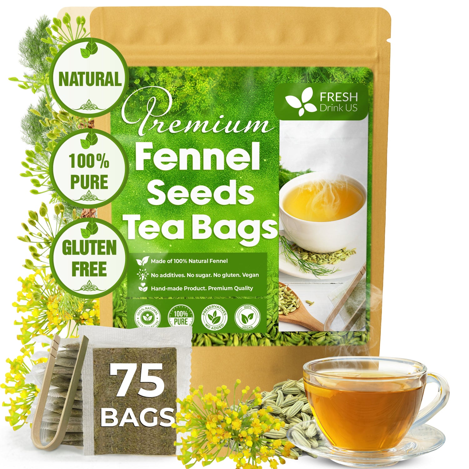 Premium Fennel Tea Bags, 100% Natural &amp; Pure from Fennel Seeds. Fennel Seed Herbal Tea. Fennel Seed Tea. Made with Natural Material Tea Bags. No Sugar, No Caffeine, No Gluten, Vegan. by FreshDrinkUS - Natural and Premium Herbal Tea