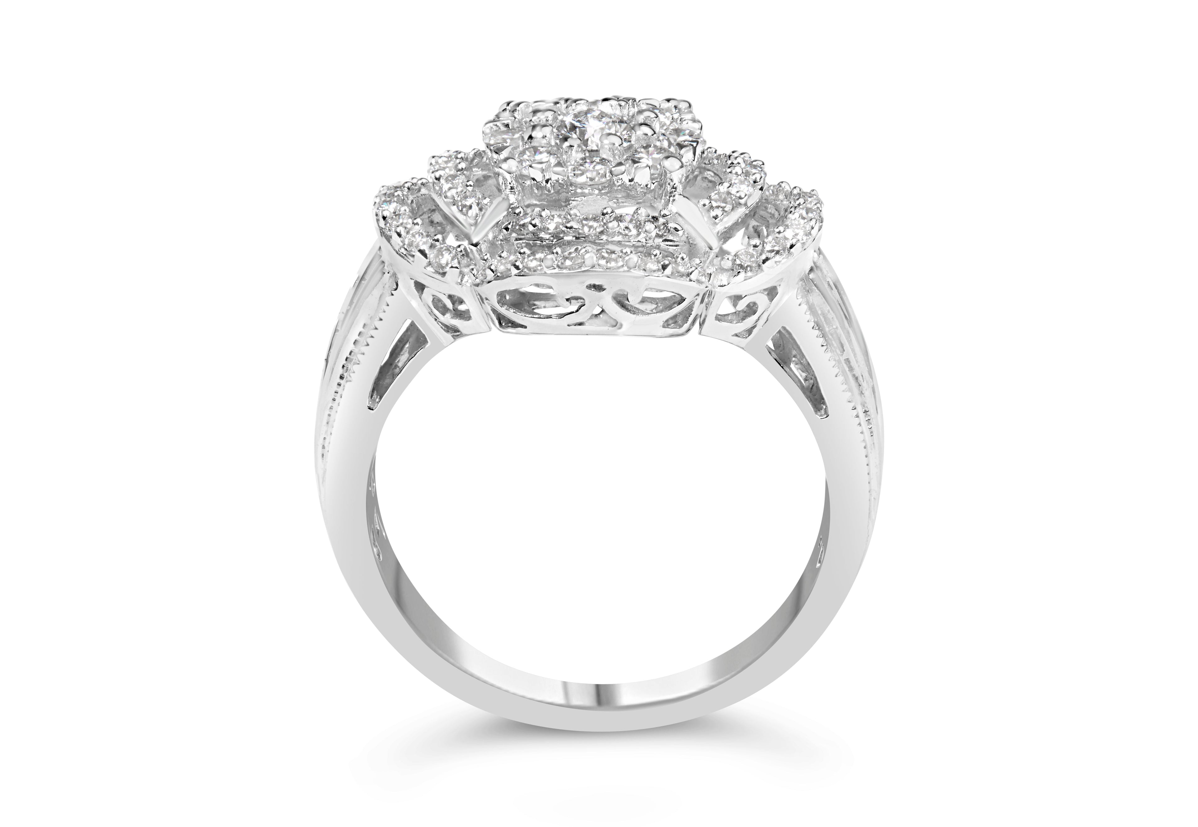 14K White Gold 1.0 Cttw Round &amp; Baguette Cut Diamond Floral Cluster Quatrefoil Channel Set Band Cocktail Statement Ring (H-I Color, SI2-I1 Clarity) - Size 6-3/4