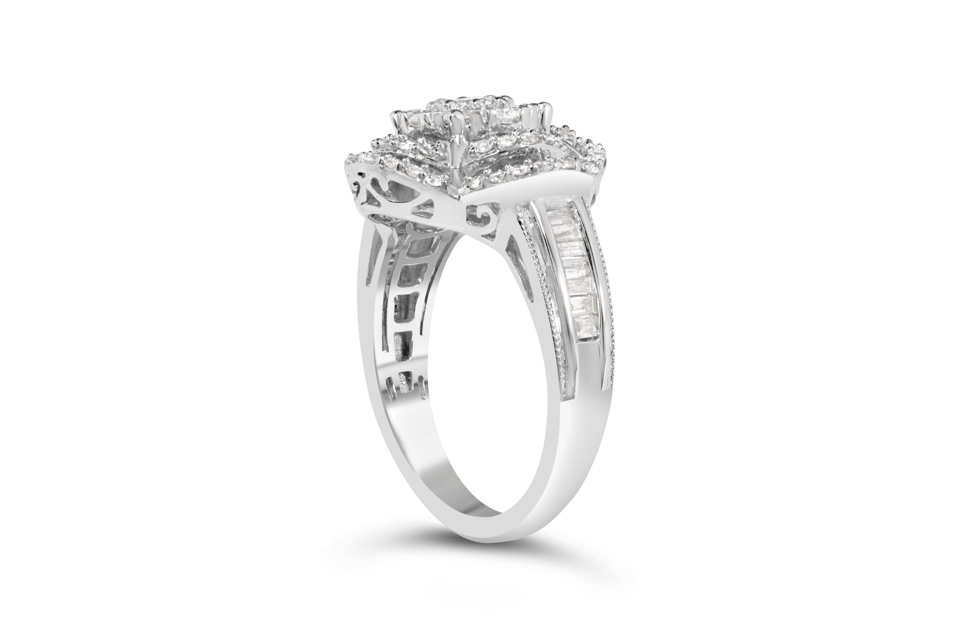 14K White Gold 1.0 Cttw Round &amp; Baguette Cut Diamond Floral Cluster Quatrefoil Channel Set Band Cocktail Statement Ring (H-I Color, SI2-I1 Clarity) - Size 6-3/4