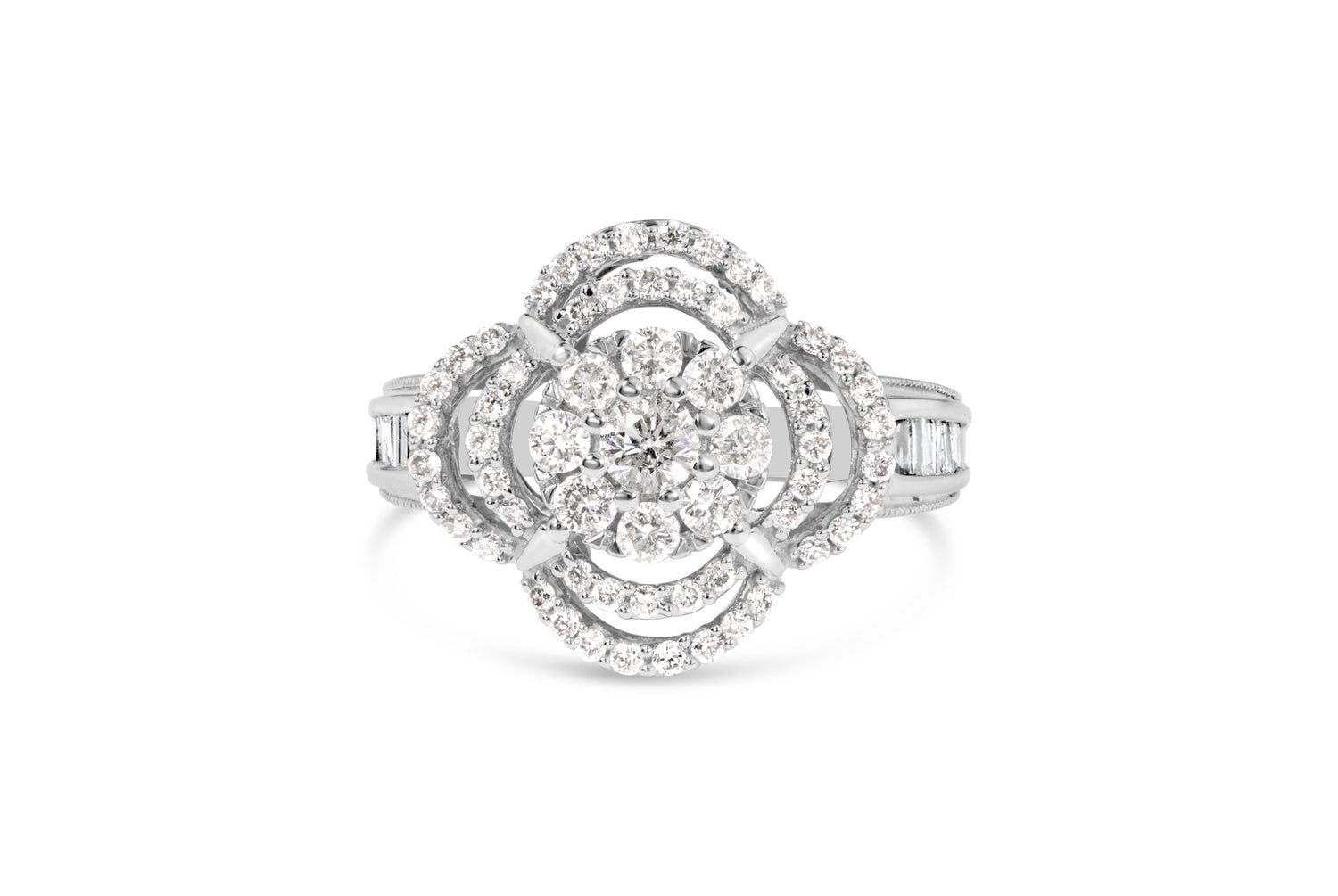 14K White Gold 1.0 Cttw Round &amp; Baguette Cut Diamond Floral Cluster Quatrefoil Channel Set Band Cocktail Statement Ring (H-I Color, SI2-I1 Clarity) - Size 6-3/4