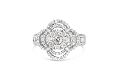 14K White Gold 1.0 Cttw Round &amp; Baguette Cut Diamond Floral Cluster Quatrefoil Channel Set Band Cocktail Statement Ring (H-I Color, SI2-I1 Clarity) - Size 6-3/4