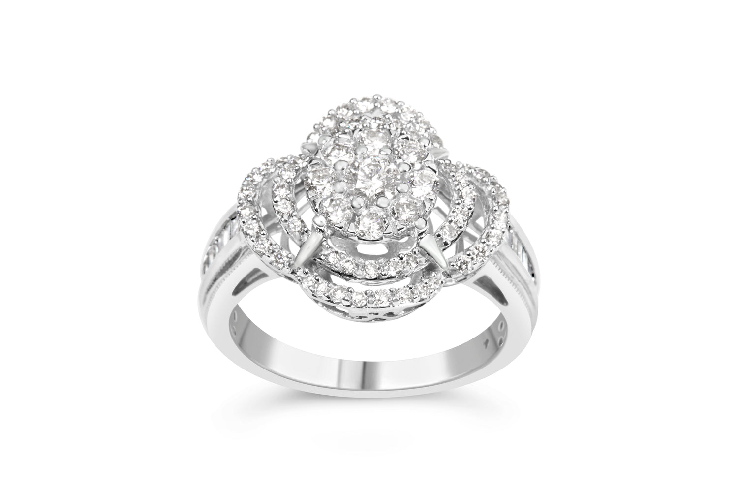 14K White Gold 1.0 Cttw Round &amp; Baguette Cut Diamond Floral Cluster Quatrefoil Channel Set Band Cocktail Statement Ring (H-I Color, SI2-I1 Clarity) - Size 6-3/4