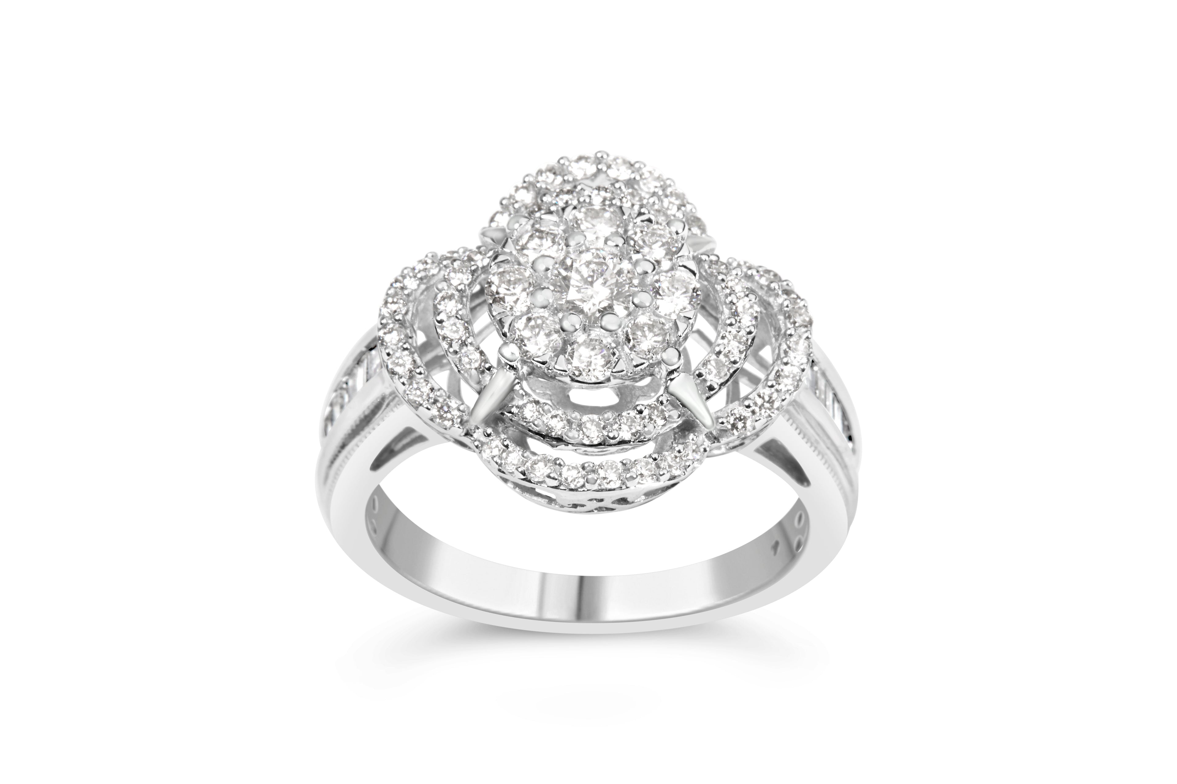 14K White Gold 1.0 Cttw Round &amp; Baguette Cut Diamond Floral Cluster Quatrefoil Channel Set Band Cocktail Statement Ring (H-I Color, SI2-I1 Clarity) - Size 6-3/4