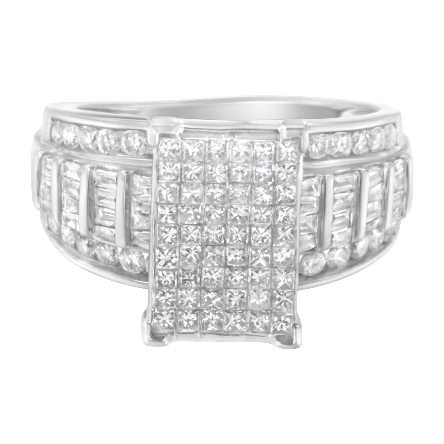 14K White Gold 2.0 Cttw Mixed-Cut Diamond Rectangle Invisible-Set Composite Cluster Ring with Bar- and Channel-Set Band (H-I Color, SI2-I1 Clarity) - Size 5