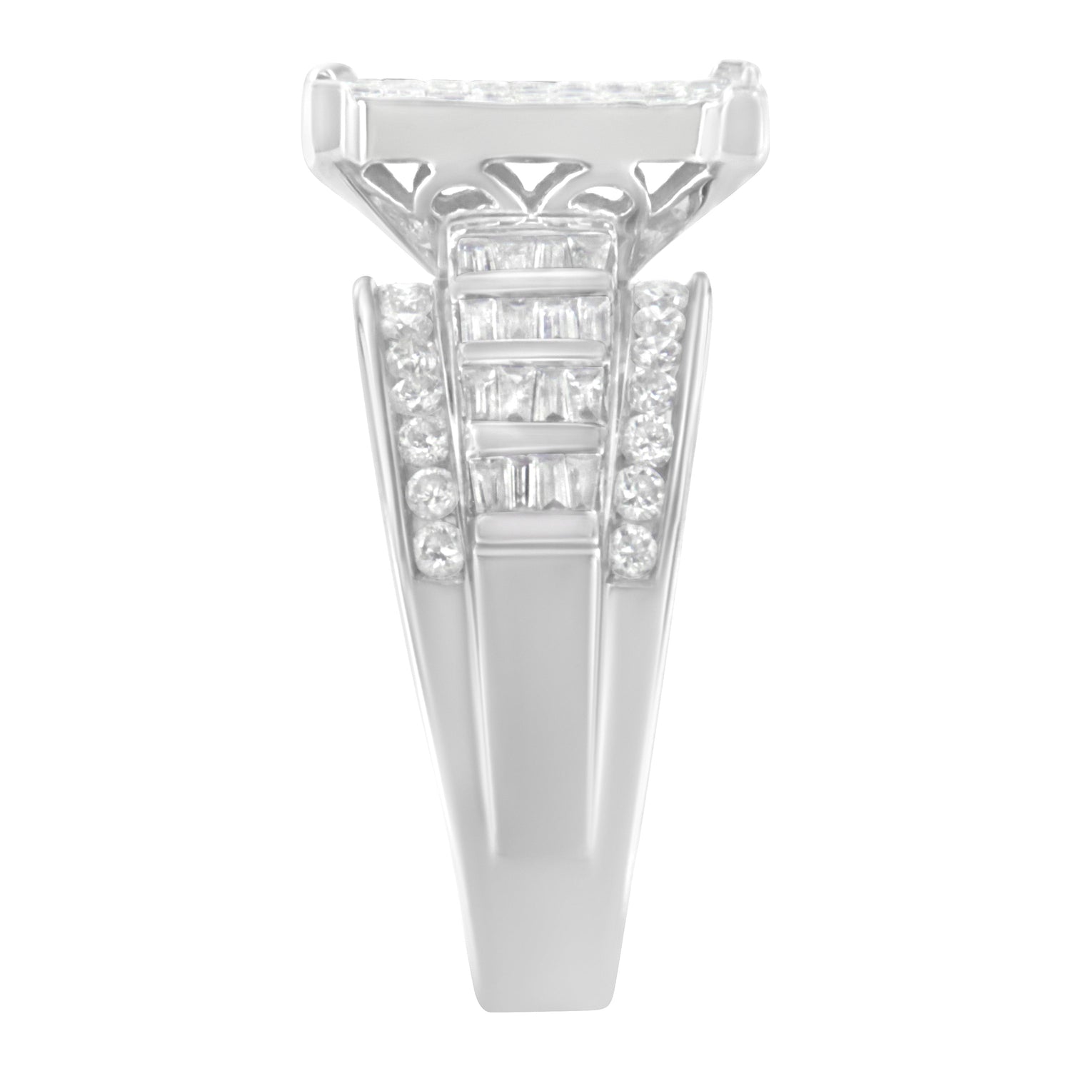 14K White Gold 2.0 Cttw Mixed-Cut Diamond Rectangle Invisible-Set Composite Cluster Ring with Bar- and Channel-Set Band (H-I Color, SI2-I1 Clarity) - Size 5