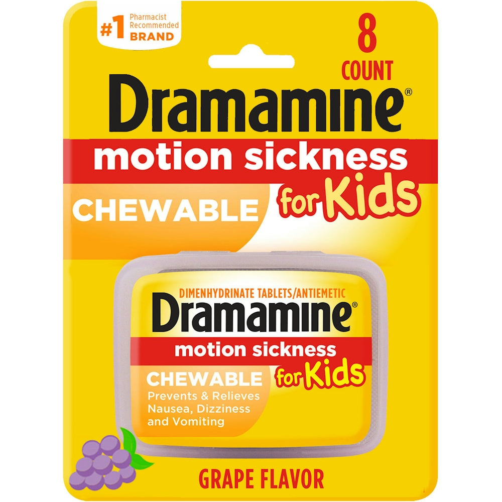Dramamine Motion Sickness Relief, For Kids, Travel Case, Chewable Tablets, Grape Flavor by Pasteur Pharmacy