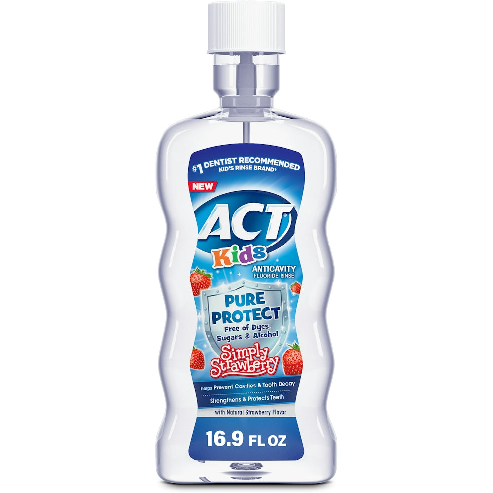 ACT Kids Anticavity Fluoride Rinse, Pure Protect Strawberry, 16.9 fl oz – Alcohol-Free &amp; Dye-Free by Pasteur Pharmacy