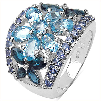 6.06 Carat Genuine Blue Topaz, London Blue Topaz &amp; Tanzanite .925 Sterling Silver Ring