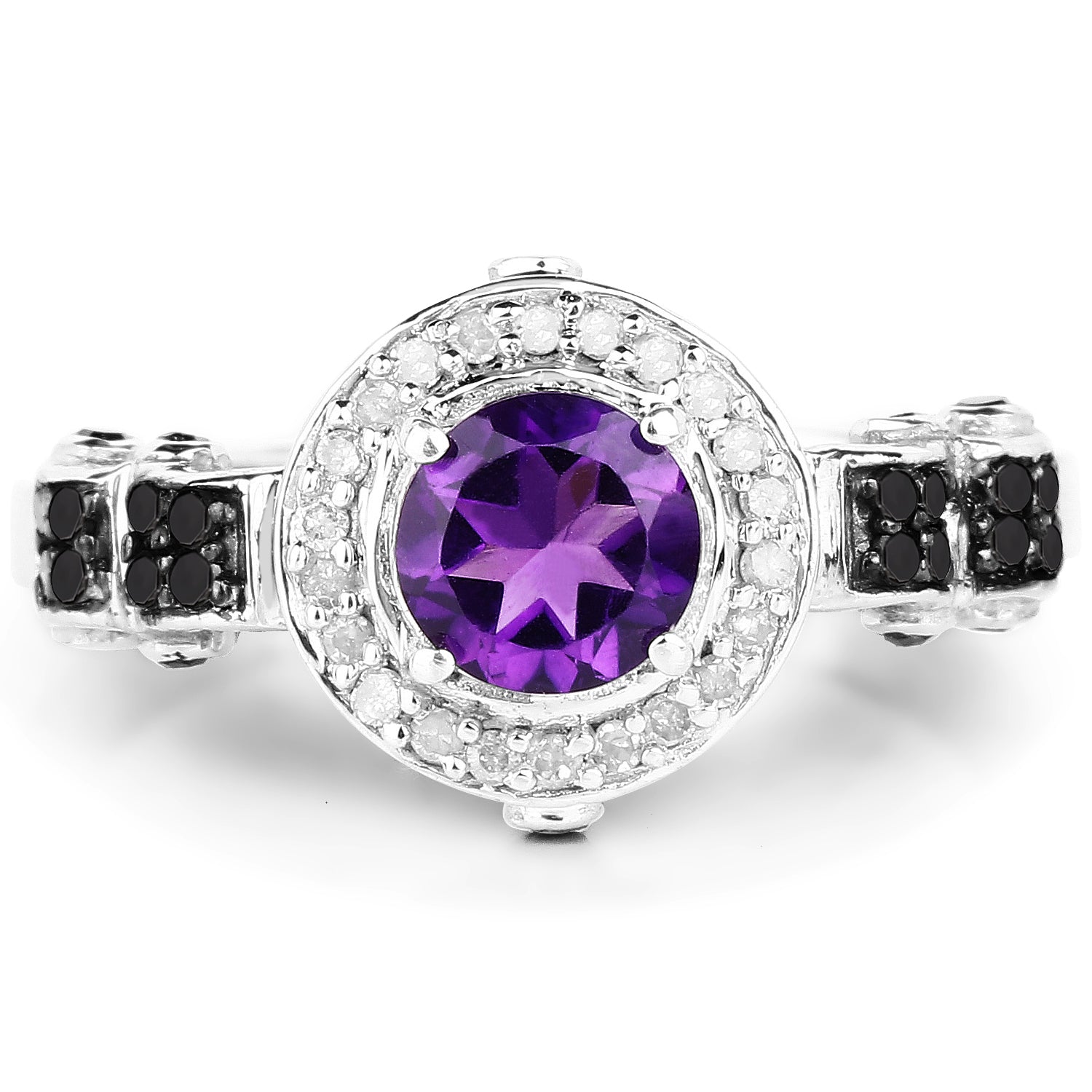 1.02 Carat Genuine Amethyst, Black Diamond &amp; White Diamond .925 Sterling Silver Ring