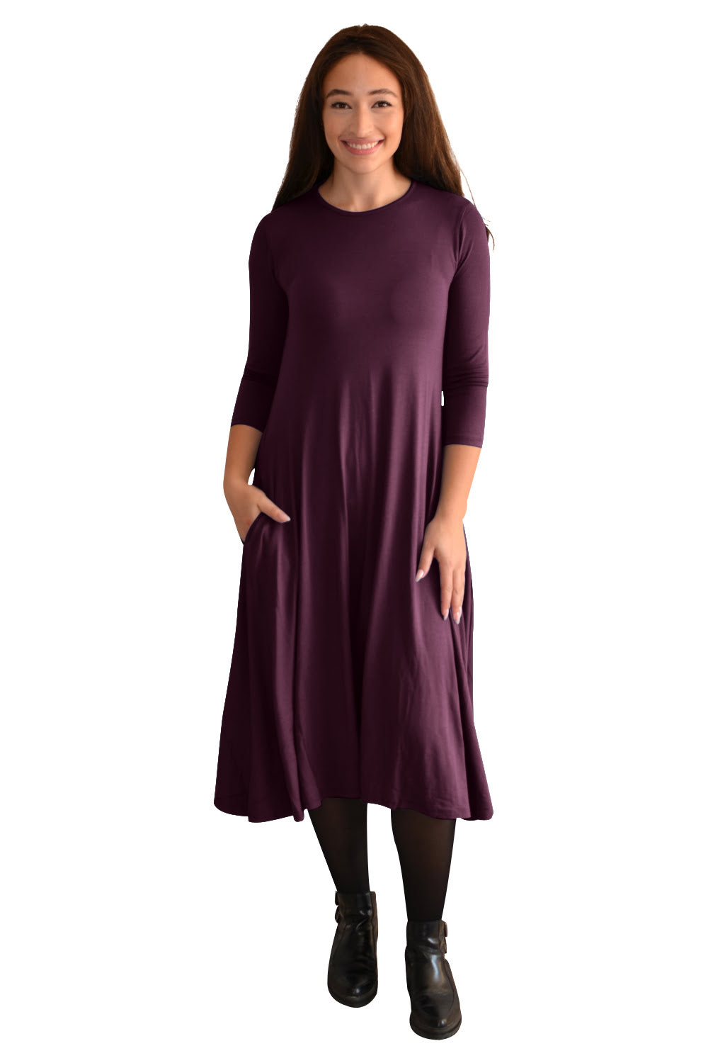 Mid-Calf 3/4 Sleeve Swing Dress with Pockets by Kosher Casual USA