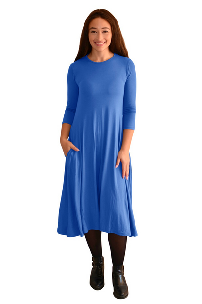 Mid-Calf 3/4 Sleeve Swing Dress with Pockets by Kosher Casual USA