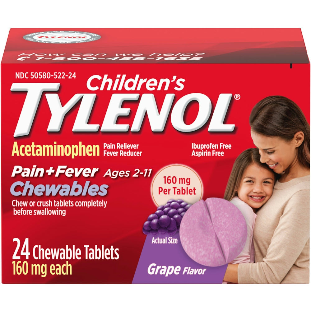 Children’s Tylenol® Chewable Tablets – Pain &amp; Fever Relief (160 mg, Grape Flavor)
