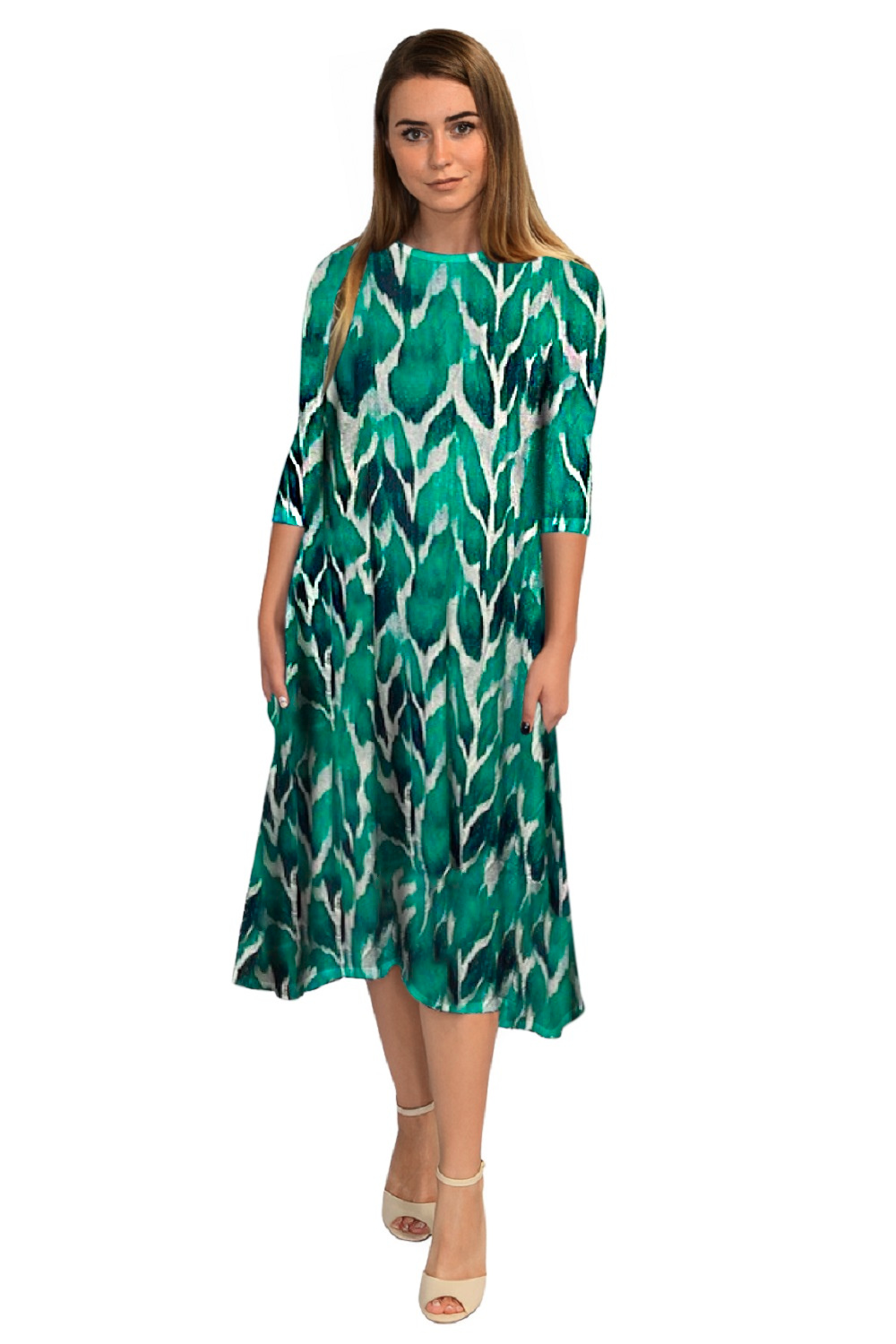 Mid-Calf 3/4 Sleeve Swing Dress with Pockets by Kosher Casual USA