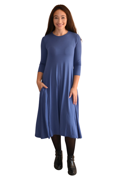 Mid-Calf 3/4 Sleeve Swing Dress with Pockets by Kosher Casual USA