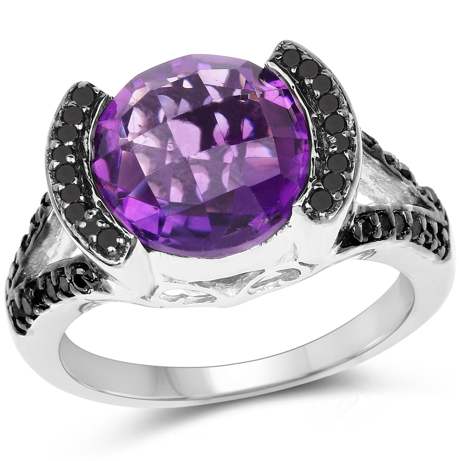 3.24 Carat Genuine Amethyst &amp; Black Diamond .925 Sterling Silver Ring