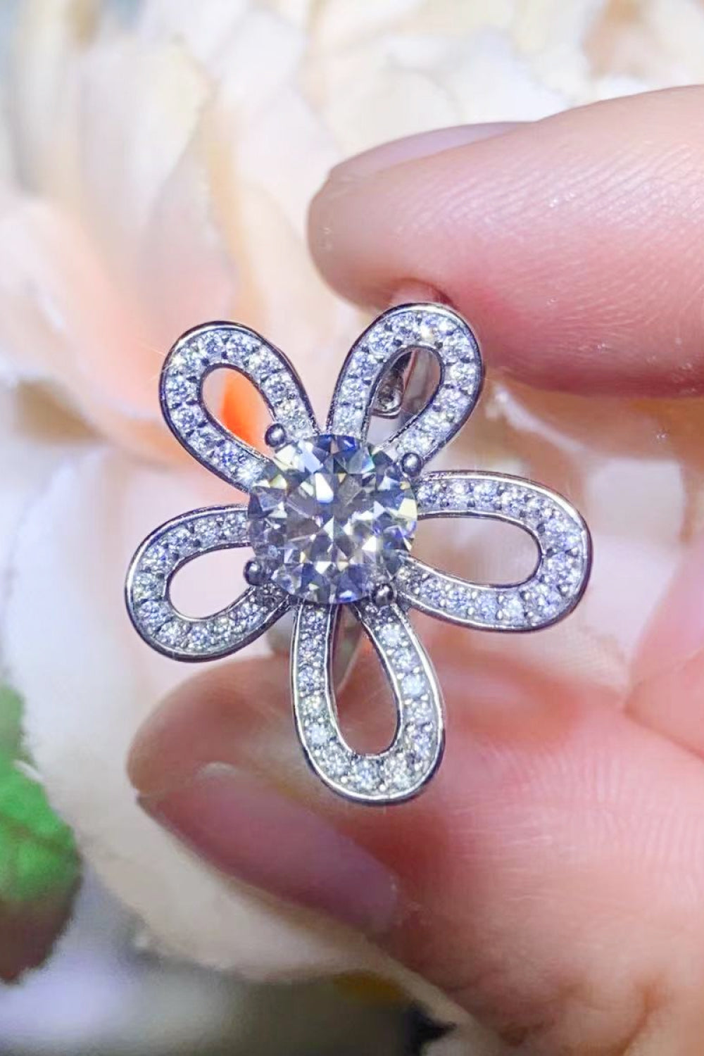 1 Carat Brilliant Round Cut Sparkala™ Flower-Shaped Open 925 sterling silver Ring by Sparkala
