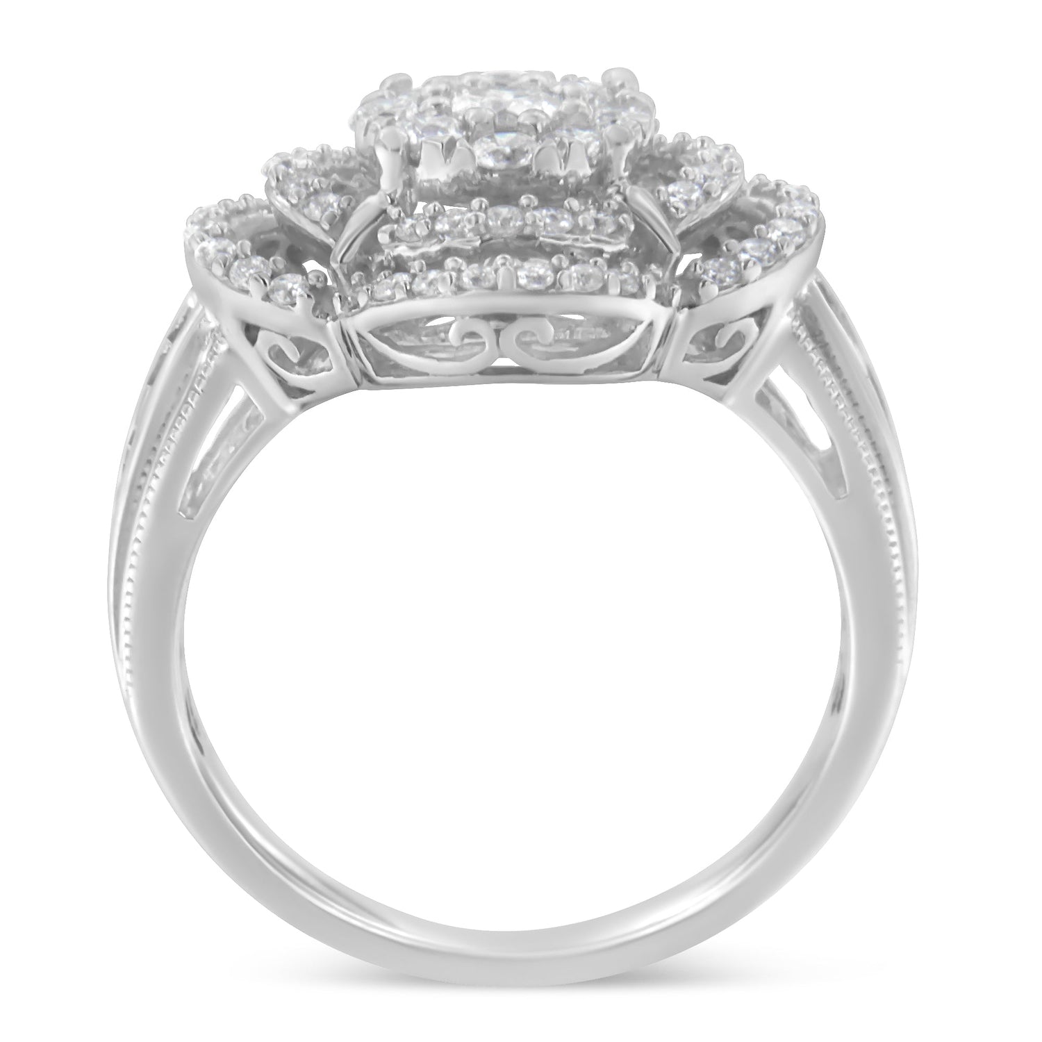 14K White Gold 1.0 Cttw Round &amp; Baguette Cut Diamond Floral Cluster Quatrefoil Channel Set Band Cocktail Statement Ring (H-I Color, SI2-I1 Clarity) - Size 6-3/4