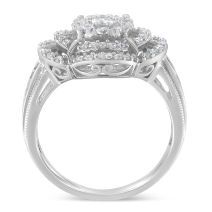 14K White Gold 1.0 Cttw Round &amp; Baguette Cut Diamond Floral Cluster Quatrefoil Channel Set Band Cocktail Statement Ring (H-I Color, SI2-I1 Clarity) - Size 6-3/4