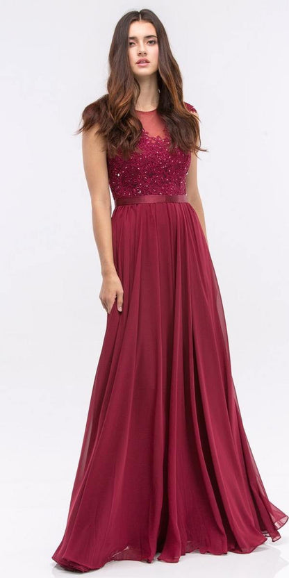 CLEARANCE - Eureka 3611 Lace Illusion Bodice Bateau Neck A-line Long Dress (Size L) by DiscountDressShop