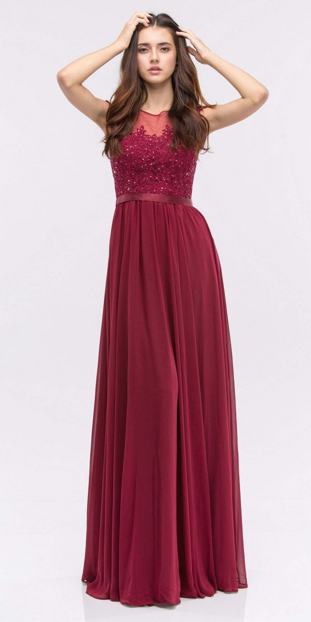 CLEARANCE - Eureka 3611 Lace Illusion Bodice Bateau Neck A-line Long Dress (Size L) by DiscountDressShop