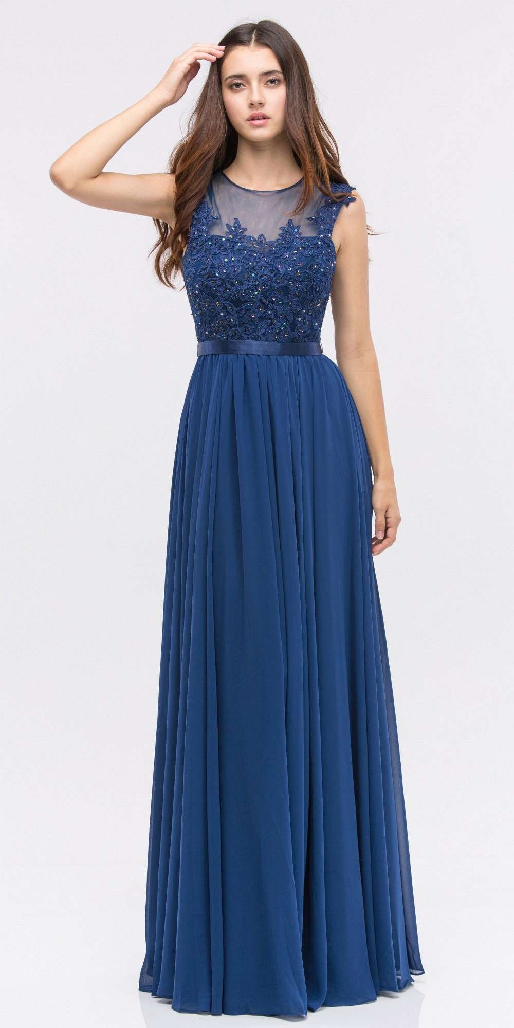 CLEARANCE - Eureka 3611 Lace Illusion Bodice Bateau Neck A-line Long Dress (Size L) by DiscountDressShop
