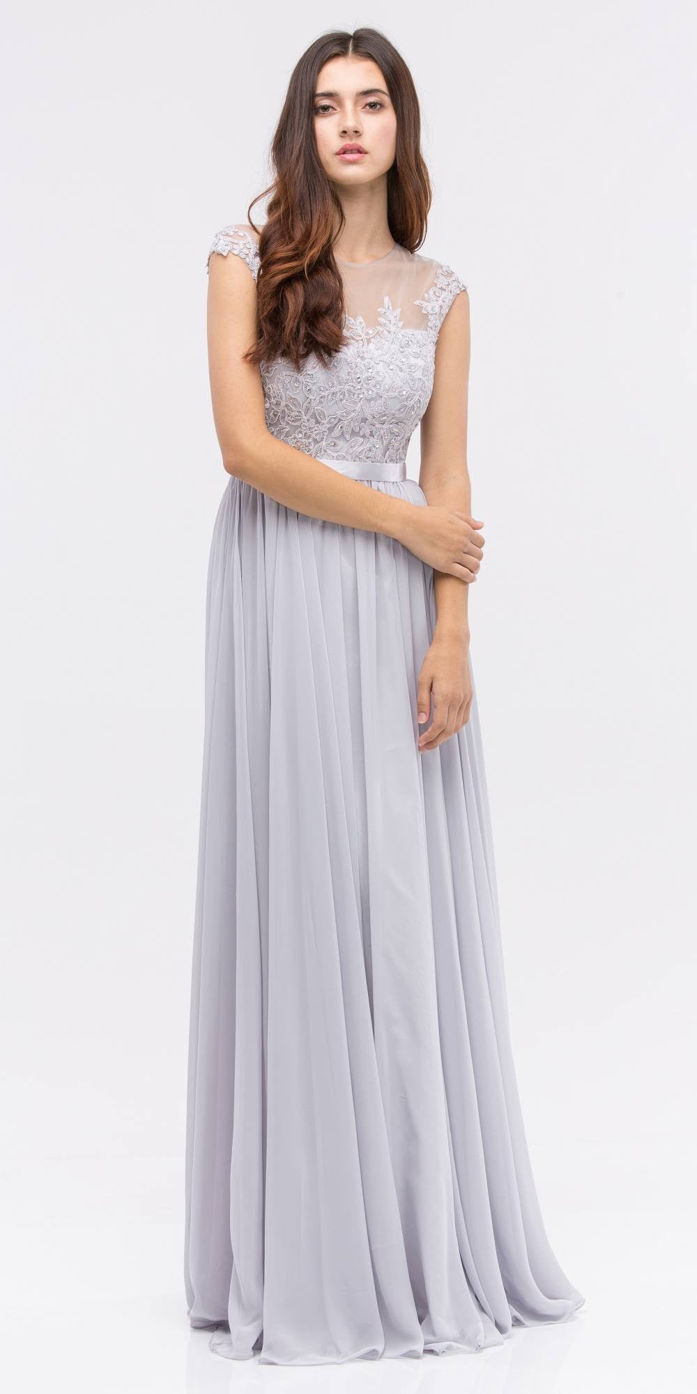 CLEARANCE - Eureka 3611 Lace Illusion Bodice Bateau Neck A-line Long Dress (Size L) by DiscountDressShop