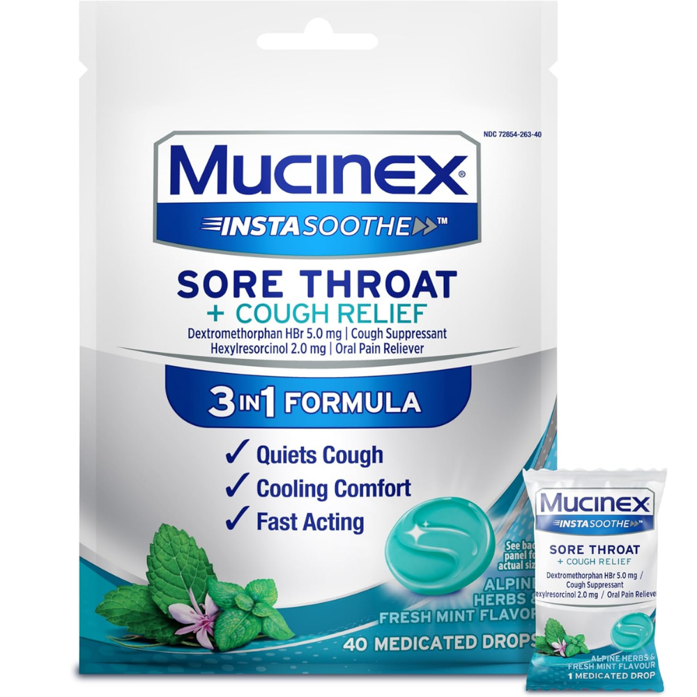 Mucinex Instasooth Sore Throat + Cough Relief Fresh Mint Throat Drops (40ct) by Farmacias Savia