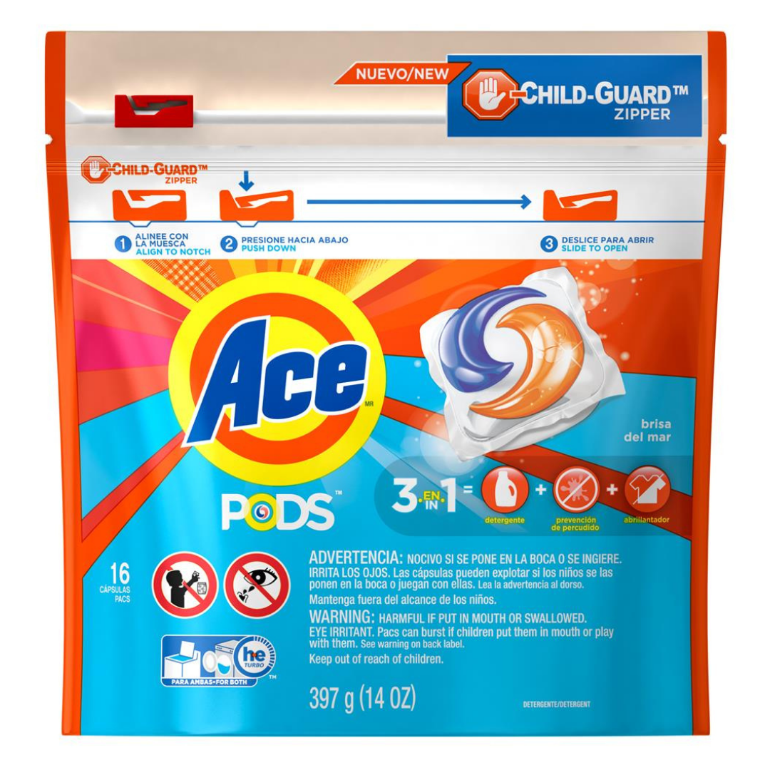 Ace Pods 3-in-1 Laundry Detergent Capsules Sea Breeze (16 ct) by Farmacias Savia