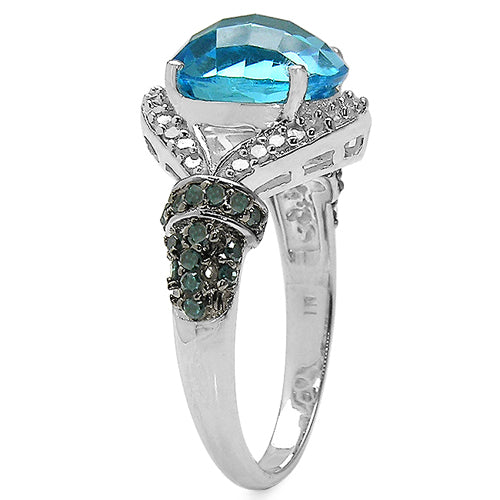 4.96 Carat Genuine Blue Topaz, Blue Diamond &amp; White Diamond .925 Sterling Silver Ring