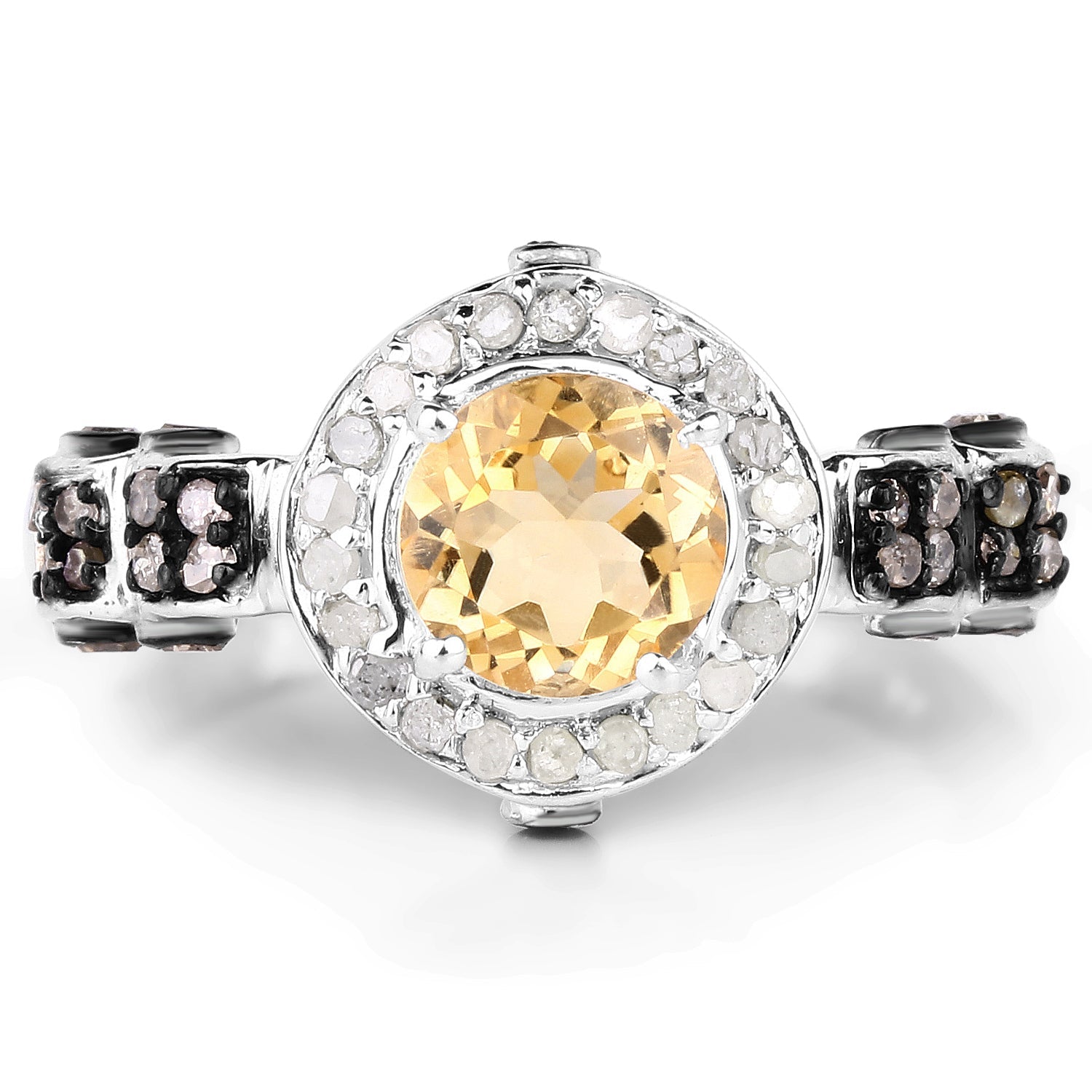 1.06 Carat Genuine Citrine, Champagne Diamond &amp; White Diamond .925 Sterling Silver Ring