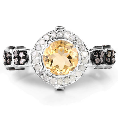 1.06 Carat Genuine Citrine, Champagne Diamond &amp; White Diamond .925 Sterling Silver Ring