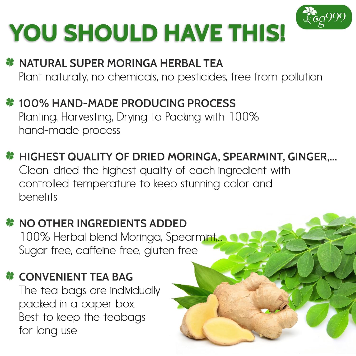 Super Moringa Herbal Tea, Improve Digestion, Support Brain, Weight, Skin and Sleep, Eco-Conscious Tea Bags by FreshDrinkUS - Natural and Premium Herbal Tea