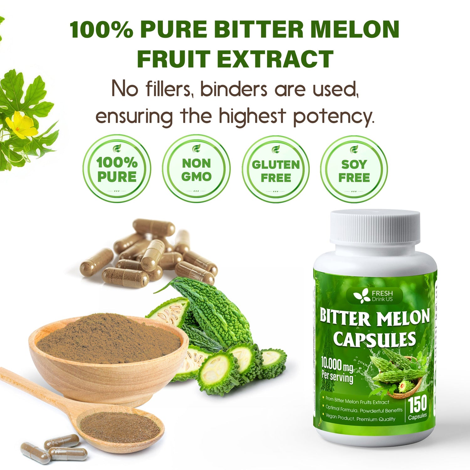 Bitter Melon Capsules, 1000mg, 150 Capsules - Gluten Free, Non-GMO by FreshDrinkUS - Natural and Premium Herbal Tea