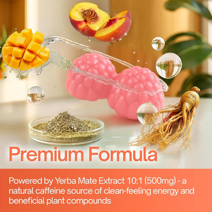 Yerba Mate Gummies – Super Focus &amp; Energy Support – Formulated with Yerba Mate Extract, L-Theanine, Rhodiola, Ginseng, Choline, B12 – Peach Mango Flavor by FreshDrinkUS - Natural and Premium Herbal Tea