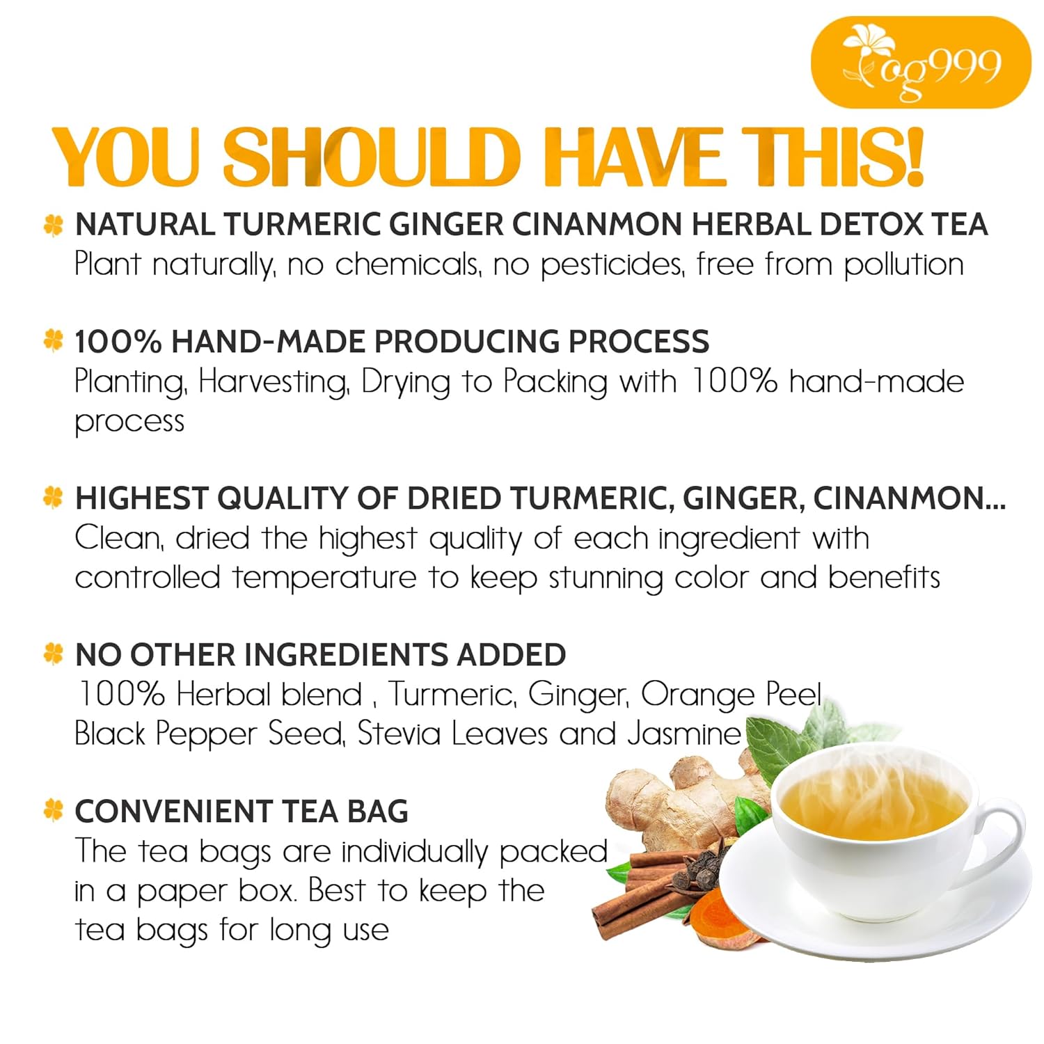 Premium Ginger, Turmeric and Cinnamon, Hand-made Blend of Ginger, Turmeric, Cinnamon, Orange Peel, Black Pepper, Hawthorn Berry and Jasmine. by FreshDrinkUS - Natural and Premium Herbal Tea