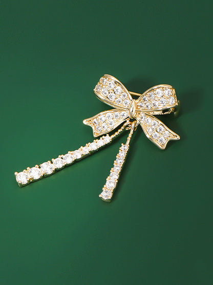 Alloy &amp; Crystal Bow Fringed Mini Brooch by LINTICO