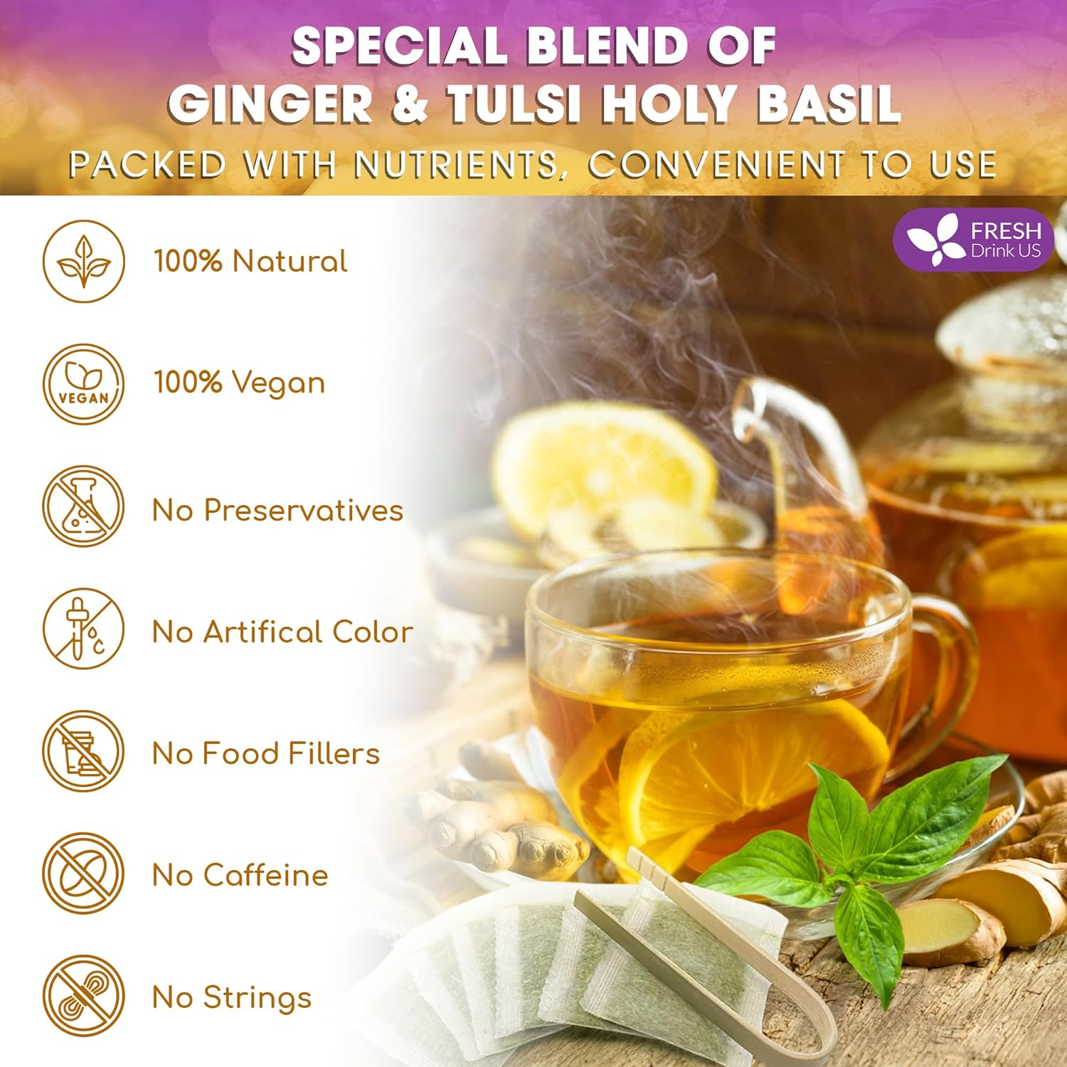 Premium Ginger Tulsi Tea Bags | Hand-made Blend of Ginger and Tulsi Holy Basil Leaves by FreshDrinkUS - Natural and Premium Herbal Tea