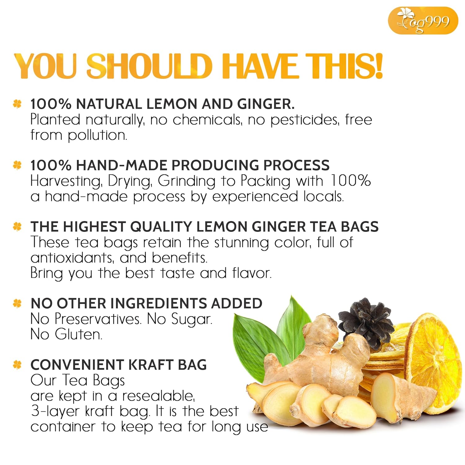 Premium Lemon, Ginger Herbal Blend Tea Bag | Improve Digestion, Support Brain, Weight, Skin and Sleep, Eco-Conscious Tea Bags by FreshDrinkUS - Natural and Premium Herbal Tea